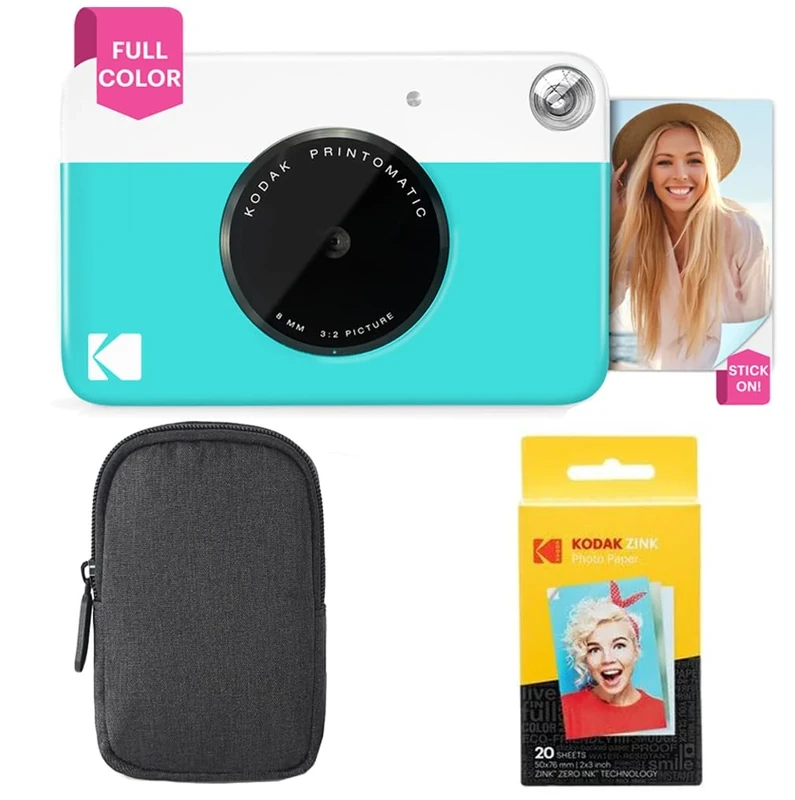 KODAK Printomatic Instant Camera (Blue) Basic Bundle + Zink Paper (20 Sheets) + Deluxe Case + Comfortable Neck Strap