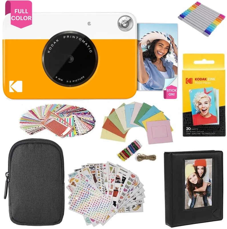 KODAK Printomatic Instant Camera (Yellow) Gift Bundle + Zink Paper (20 Sheets) + Case + 7 Sticker Sets + Markers + Photo Album