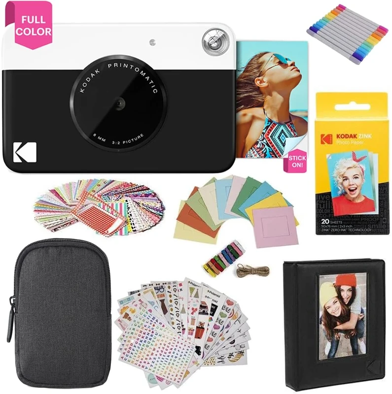 KODAK Printomatic Instant Camera (Black) Gift Bundle + Zink Paper (20 Sheets) + Case + 7 Sticker Sets + Markers + Photo Album