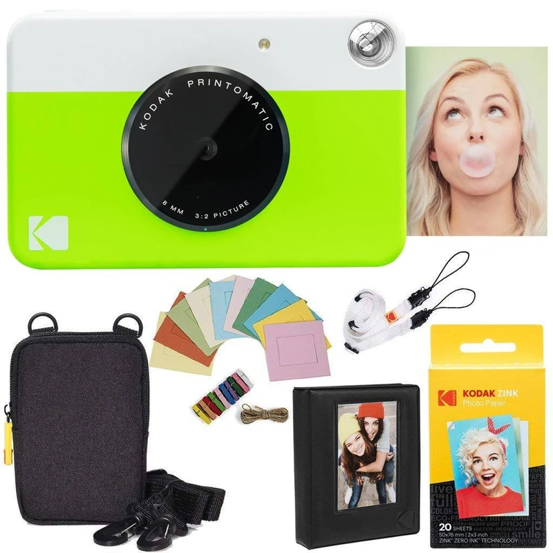 KODAK Printomatic Instant Camera (Green) Deluxe Bundle + Zink Paper (20 Sheets) Case - Photo Album