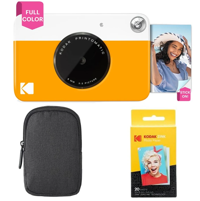 KODAK Printomatic Instant Camera (Yellow) Basic Bundle + Zink Paper (20 Sheets) + Deluxe Case