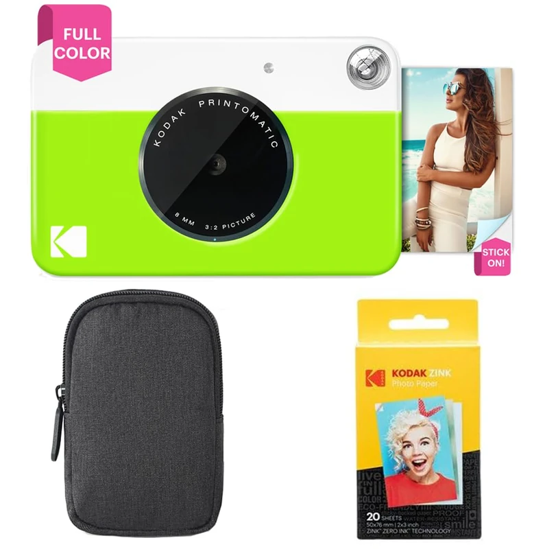 KODAK Printomatic Instant Camera (Green) Basic Bundle + Zink Paper (20 Sheets) + Deluxe Case