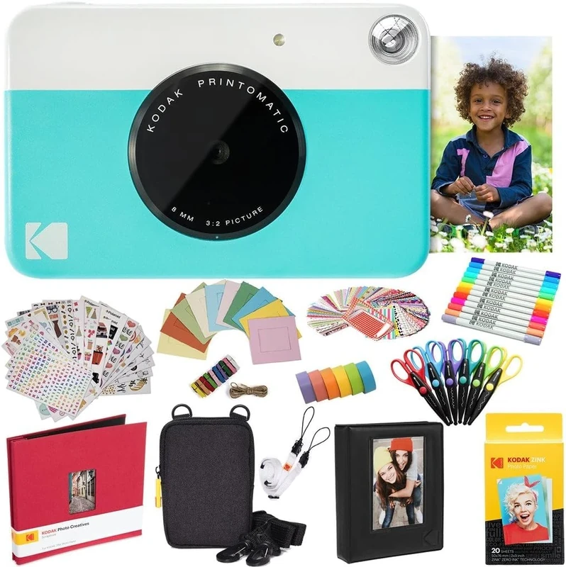 KODAK Printomatic Instant Camera (Blue) All-In-Bundle + Zink Paper (20 Sheets) + Case + Photo Album + 7 Sticker Sets + Markers + Scissors