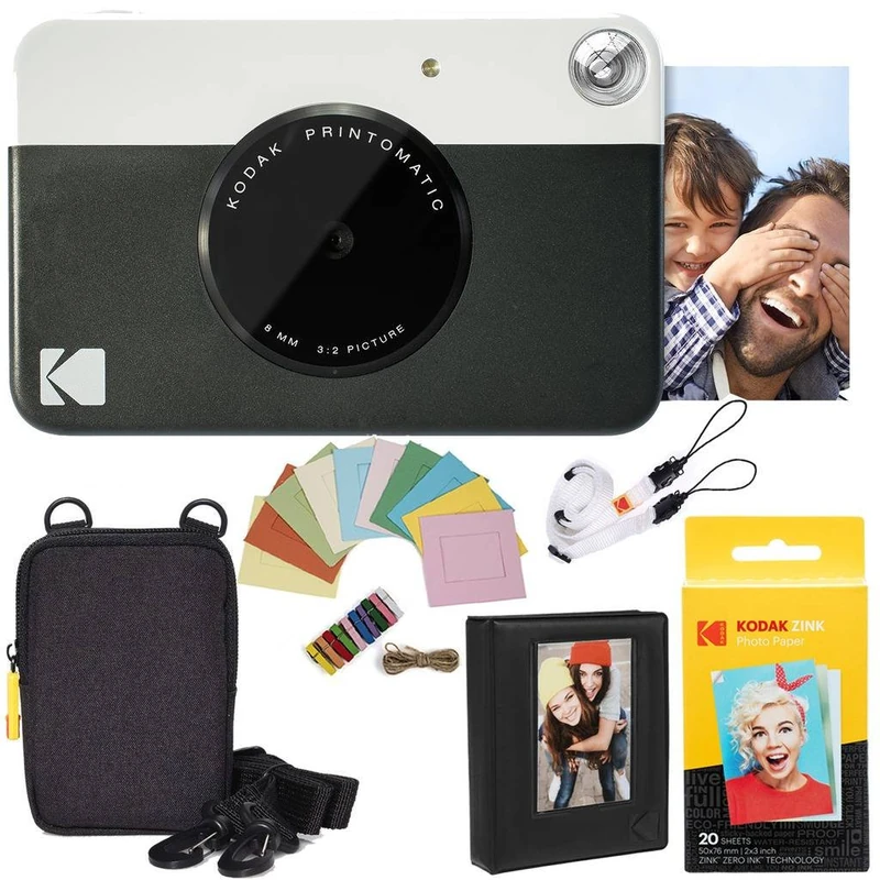 KODAK Printomatic Instant Camera (Black) Deluxe Bundle + Zink Paper (20 Sheets) Case - Photo Album