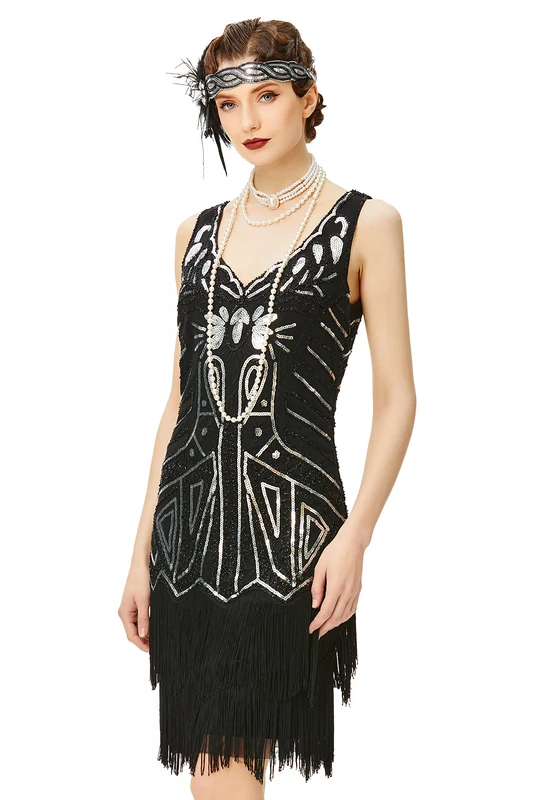 BABEYOND Women's Flapper Dresses 1920s V Neck Beaded Fringed Great Gatsby Dress (XS, Black1)