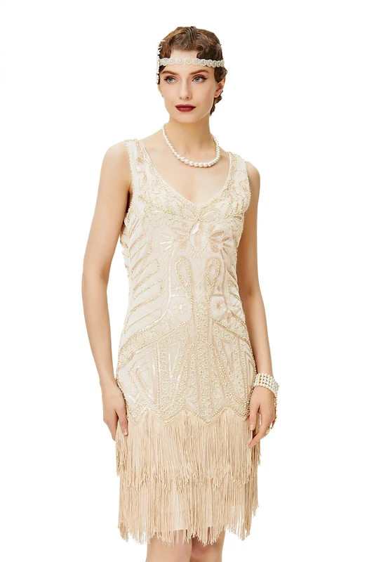 BABEYOND Women's Flapper Dresses 1920s V Neck Beaded Fringed Great Gatsby Dress (XXL, Beige1)