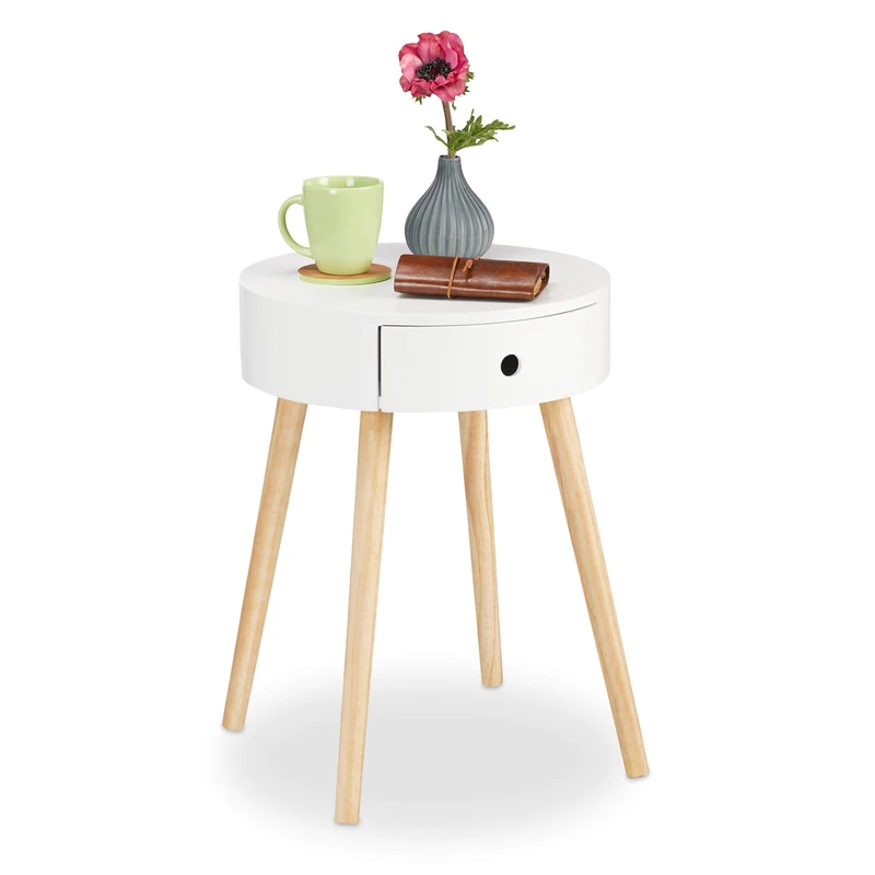 Relaxdays Round Side Table, Desk, Drawer, Scandinavian Design, Nightstand, H x Ø: 52 x 40 cm, Wood, White