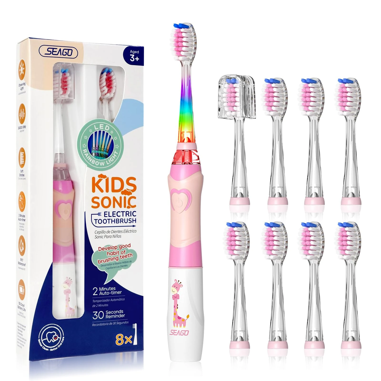 Seago Kids Electric Toothbrush 3-12, Childrens Battery Toothbrush with Colorful Lights, 2 Mins Timer, 8 Brush Heads, 4 Modes, for Junior, Boys and Girls, Giraffe Print, SG-977(Pink)