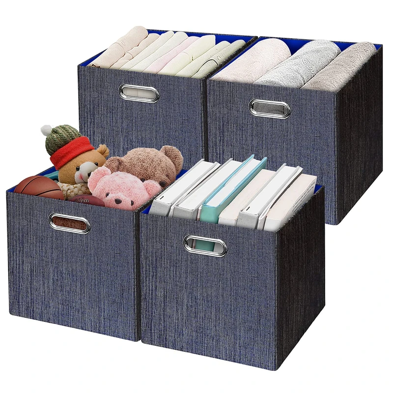 Posprica Storage Boxes, Foldable Organiser Cube Basket Bin, Thick and Heavy Duty (28×28×28cm/4pcs, Navy)