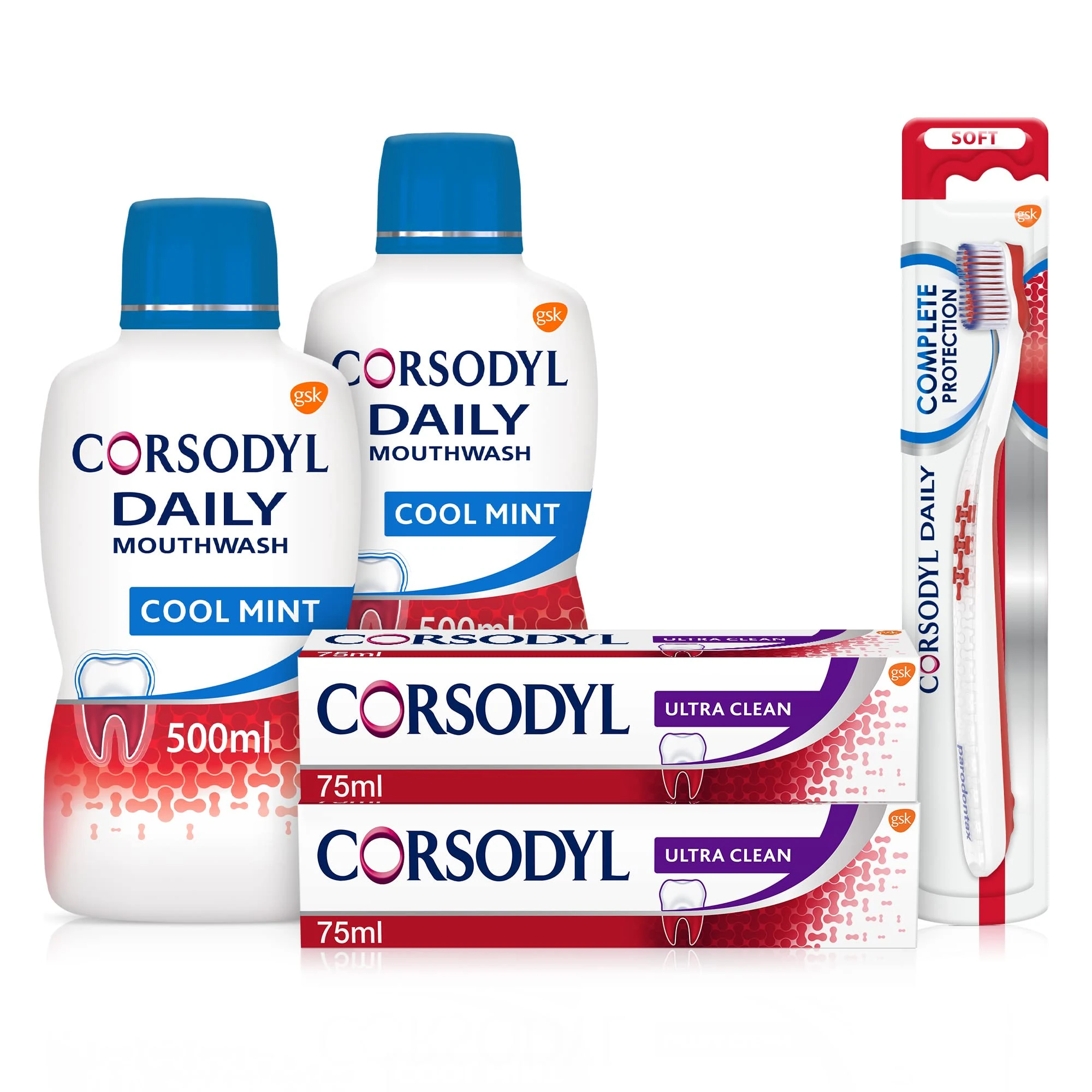 Corsodyl Gum Care Bundle for Healthy Gums: 2X Ultra Clean, 2X Daily Mouthwash Cool Mint 500ml, 1x Daily Toothbrush Soft
