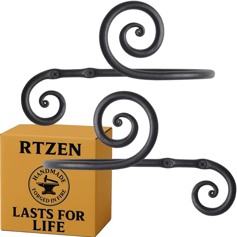 RTZEN Decorative Large Curtain Holdbacks - Set of 2 - Wrought Iron Window Drapery Tiebacks - Handmade Rod Drape Tieback Black Hooks - Rot Metal Drapes Hangers - Unique Hand Craft Décor