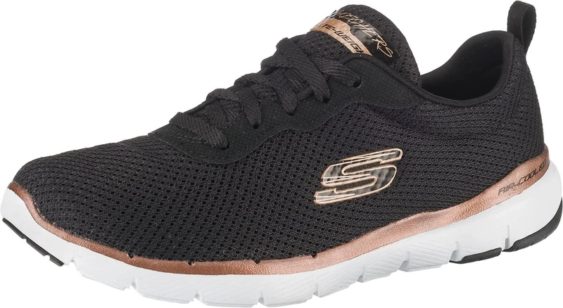 Skechers Women's Flex Appeal 3.0 First Insight Trainers, Black Mesh Rose Gold Trim, 6 UK