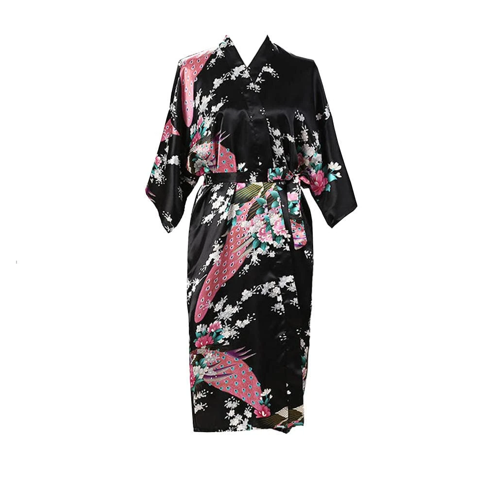 Max Hsuan Ladies Plus Loose Satin Kimono Robe Dressing Gown Wedding Bridesmaid Sleepwear Bathrobe UK Size 8-24 Black