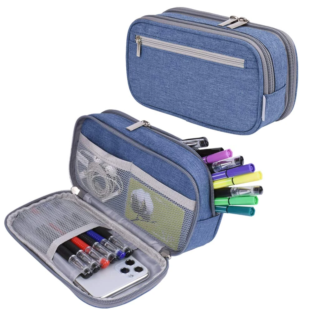 YONZONE Pencil Case Big Capacity Pencil Cases High Storage Pencil Pen Bag Pouch with 3 Compartments for Boys Girls, Office School Stationary Organizer Makeup Bag Women Men, Blue
