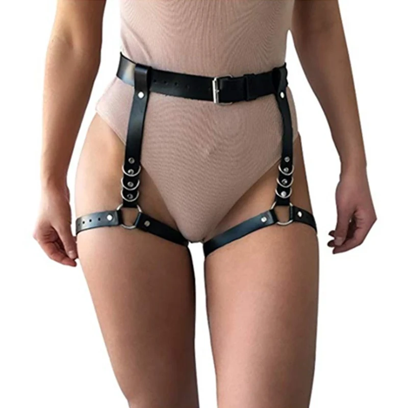 Mismxc Damen Sexy Punk Leder Harness Strumpfband Gurtel Verstellbare Taille Bein Cincher Cage Belt - Schwarz - Einheitsgroe - Image 1
