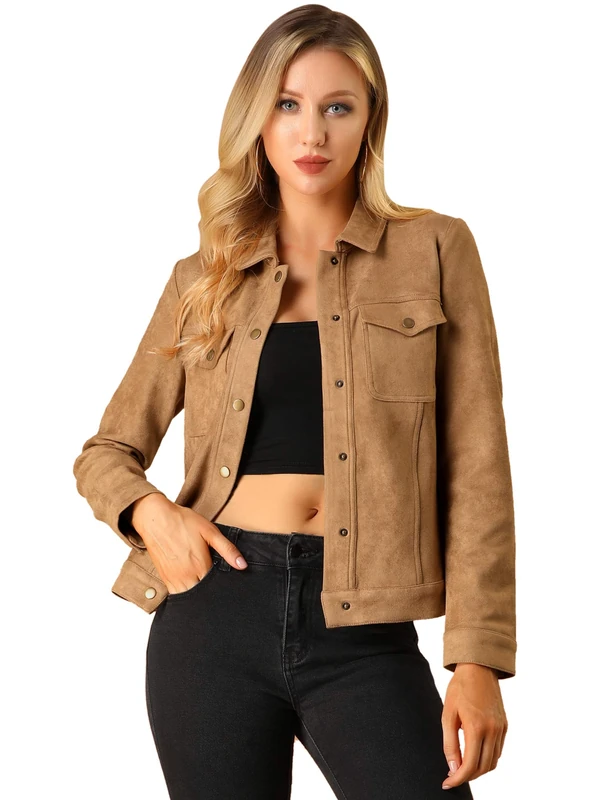 Allegra K Women's Faux Suede Turn-Down Collar Shacket Flap Pockets Snap Button Western Jacket Brown XS