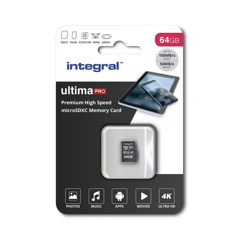 Integral 64GB microSD Card Premium High Speed 4K Video Memory Card - up to 100MB/s Read and 50MB/s Write, UHS-I, U3, Class 10, A1 App Performance - for smartphones, tablets, drones, game consoles
