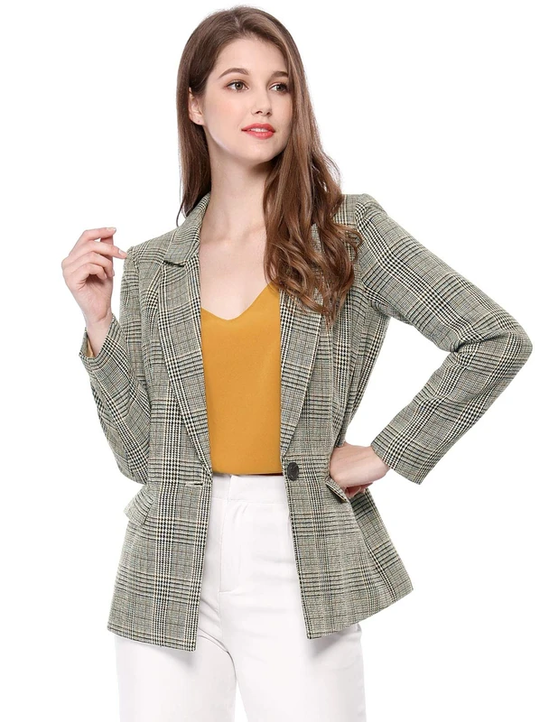 Allegra K Women's Christmas CostumeBlazers Boyfriend Notched Lapel Plaid Blazer Jacket Black S-8