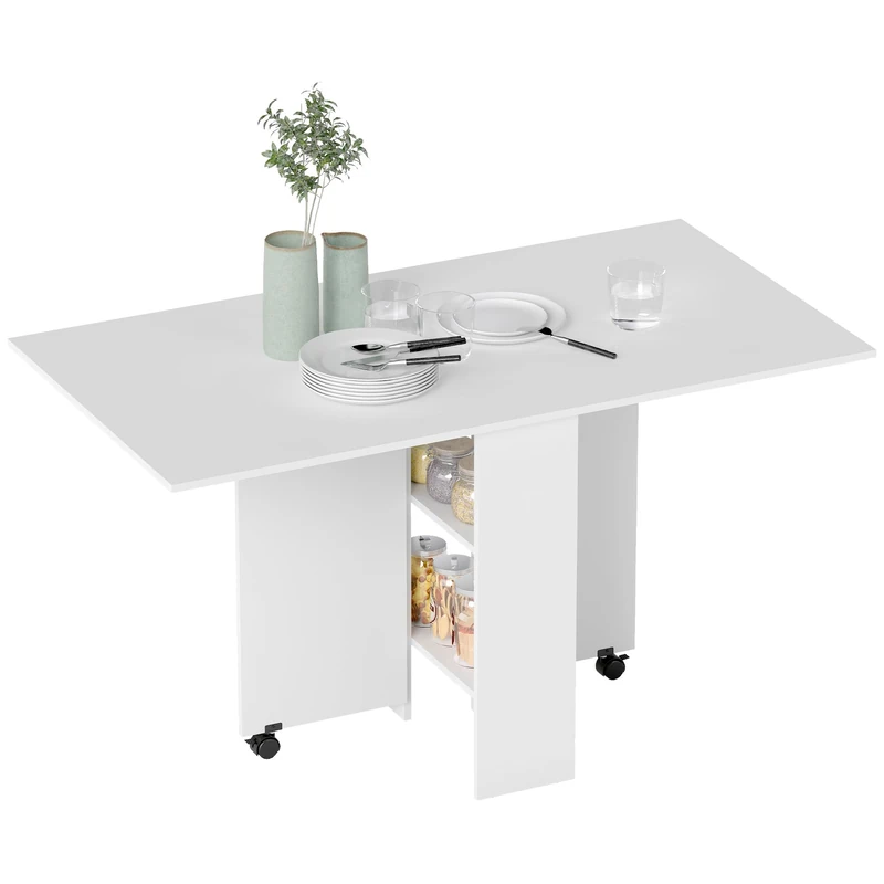 HOMCOM 80-140 cm Folding Dining Table for 4-6 People, Drop Leaf Table with 2-Tier Shelves, Rolling Casters, for Small Spaces, Kitchen, Flat, Dining Room, White