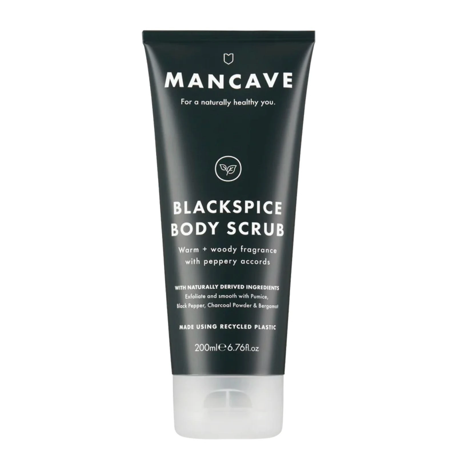 ManCave Blackspice Body Scrub 200ml for Men, Warm & Woody Aroma, Exfoliate & Cleanse Skin with Pumice and Charcoal Powder Scrub, Natural Formulation, Vegan Friendly, Made in England