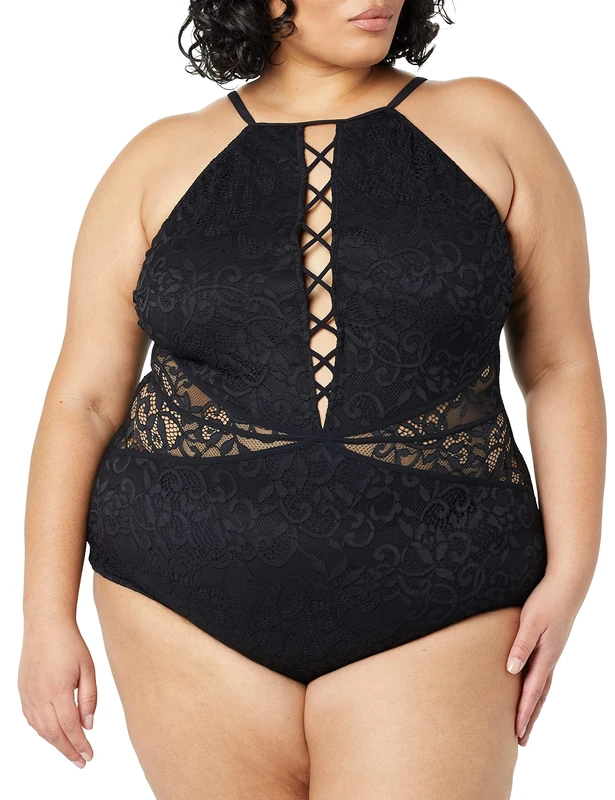 Profile by Gottex Women's Solid Lace High Neck One Piece Swimsuit, Shalimar Black, 22 Plus