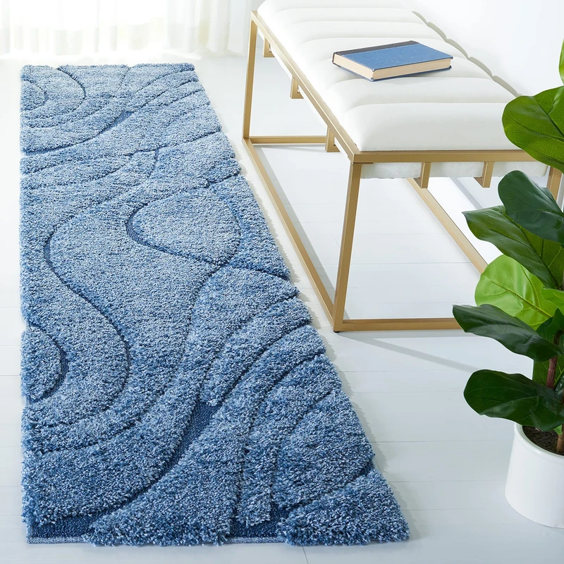 Safavieh Shag Rug for Living Room, Dining Room, Bedroom, Florida Shag Collection, High Pile, in Light Blue and Blue, 69 X 274 cm