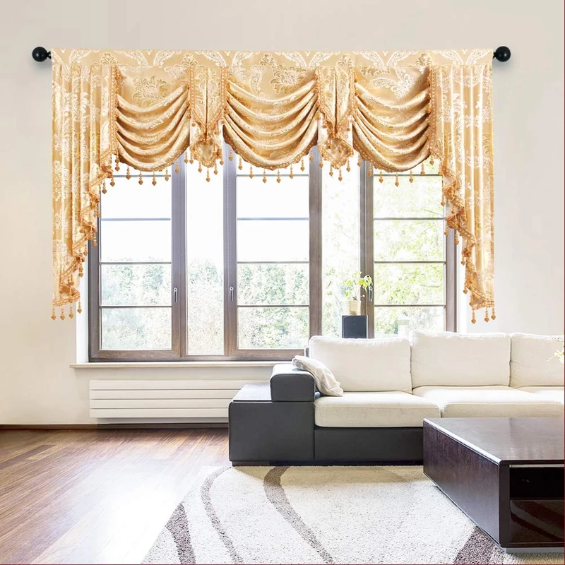 ELKCA Golden Jacquard Swag Waterfall Valance Luxury Curtain Valance for Living Room,Rod Pocket (Damask-Golden, W79 Inch, 1 Panel)