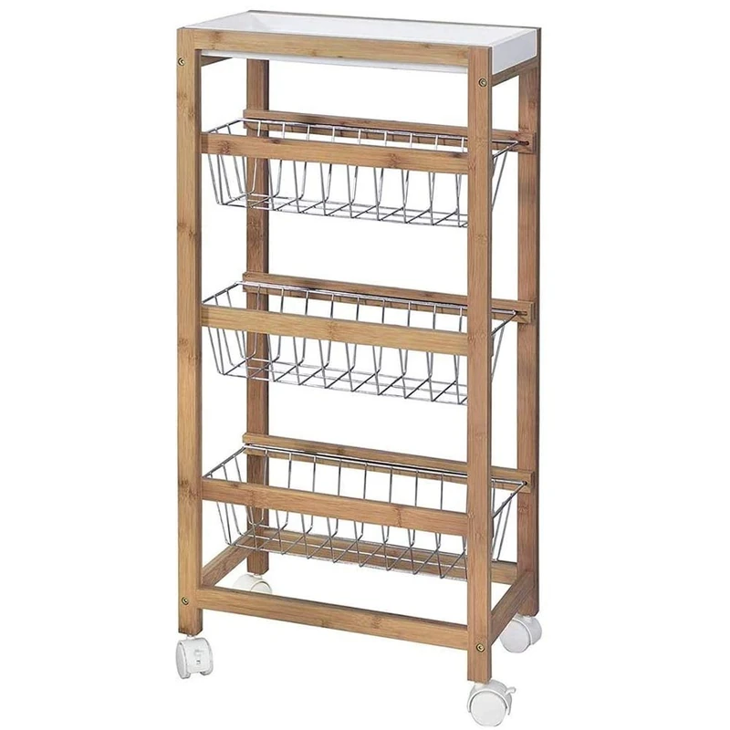 BAKAJI Slim Kitchen Trolley with 1 Removable Tray, 3 Metal Fruit Baskets and 4 Swivel Wheels Kitchen Trolley Home Size 40 x 22 x 83 cm