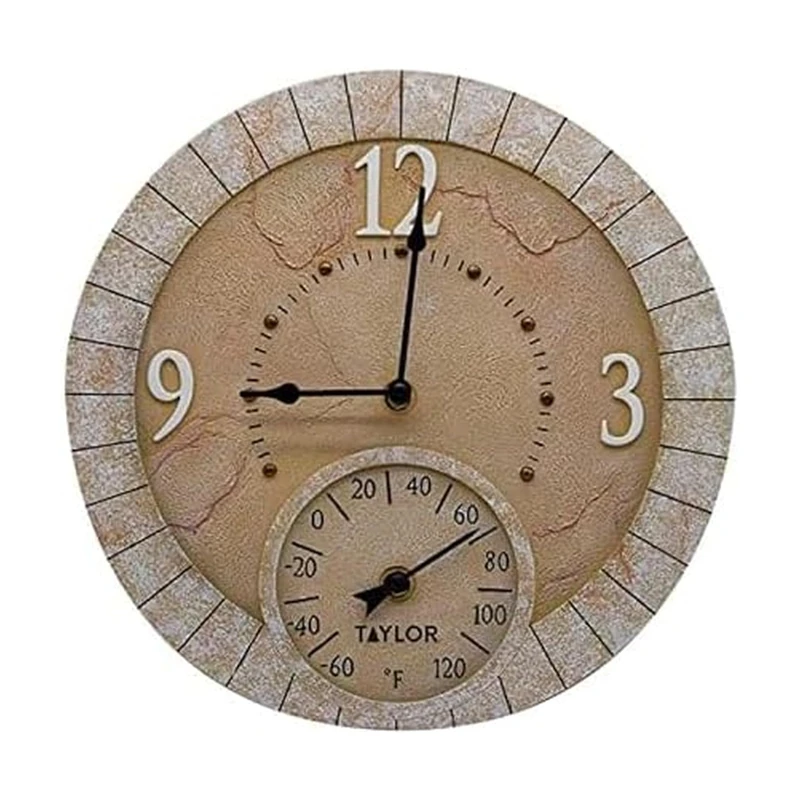 Taylor 14" Poly Resin Terra Cotta Stone Clock with Thermometer, Multicolor