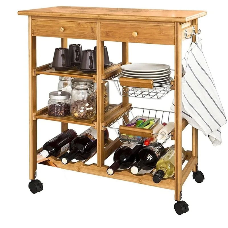 BAKAJI Bamboo Wood Kitchen Trolley with Shelf Chopping Board Drawers Cutlery Holder Coffee Capsule Holder Bottle Holder Metal Fruit Baskets Removable Shelves and 4 Swivel Wheels
