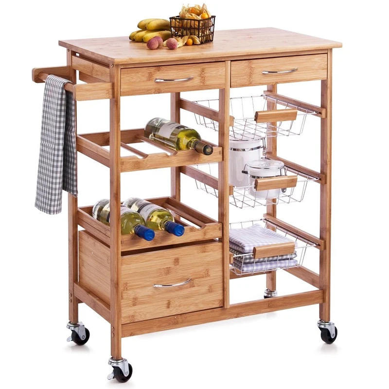 Bakaji Kitchen Trolley in Bamboo Wood with Chopping Board 2 Drawers Cutlery Holder for Dishcloths Compartment for Bottles 3 Metal Fruit Baskets and 4 Rotating Wheels