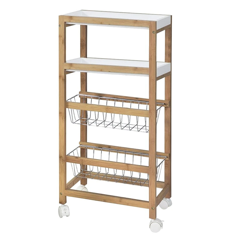 BAKAJI Kitchen Trolley - Slim Space Saving Model - Bamboo Wood Material - 2 Removable Trays - 2 Metal Baskets - 4 Swivel Wheels - Natural Bamboo