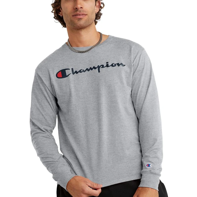 Champion Men's Classic Graphic Long Sleeve Tee T-Shirt, Oxford Gray-y06794, Large