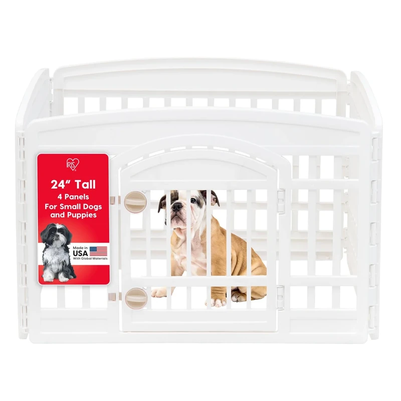 IRIS USA 24" Exercise 4-Panel Pet Playpen with Door,Puppy Playpen, for Puppies and Small Dogs, Keep Pets Secure, Easy Assemble, Fold It Down, Storing, Customizable, White