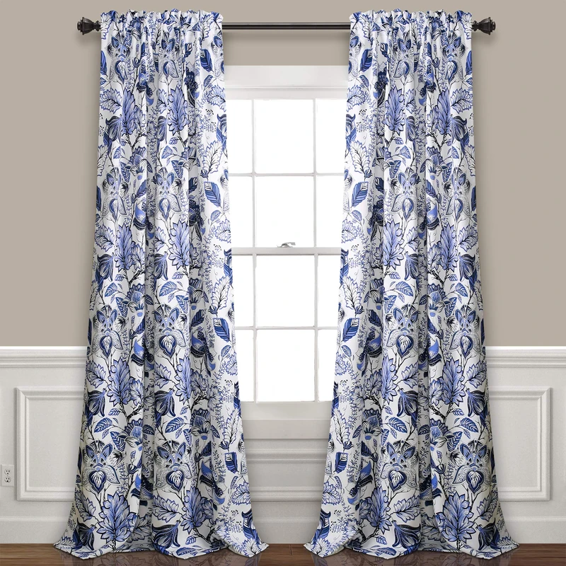 Lush Decor Cynthia Jacobean Darkening Window Curtains Set for Living, Dining Room, Bedroom, 95" L Panel Pair, Blue