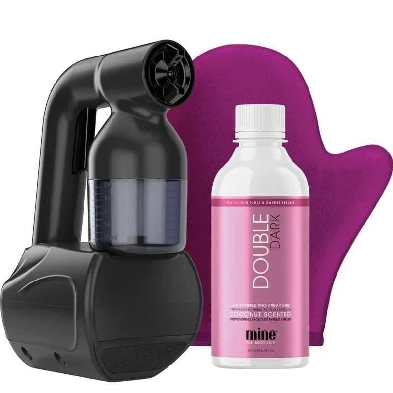 MineTan Personal Spray Tan Machine | Black At Home Tanning Kit - Lightweight, Handheld Portable Self Tanner, with 8oz Double Dark Profressional Mist & Mitt, Works With All Sunless Tanning Solutions