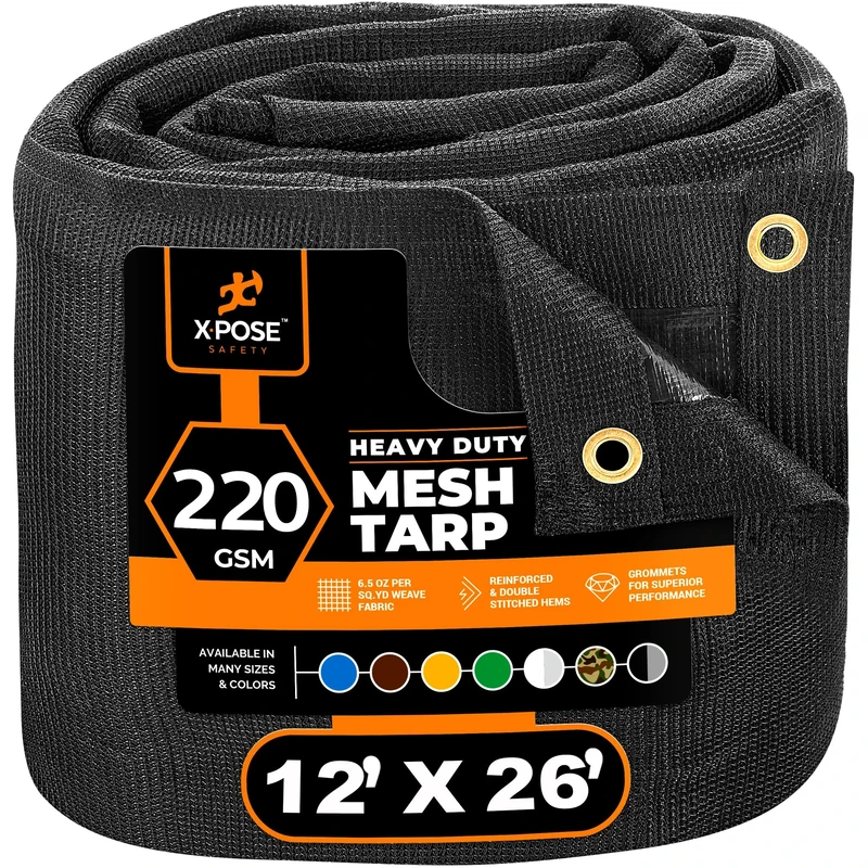 Xpose Safety Heavy Duty Mesh Tarp – 12’ x 26’ Multipurpose Black Protective Cover with Air Flow - Use for Tie Downs, Shade, Fences, Canopies, Dump Trucks – Tear Resistant