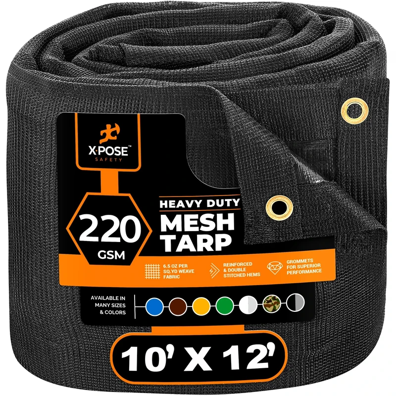 Xpose Safety Heavy Duty Mesh Tarp – 10’ x 12’ Multipurpose Black Protective Cover with Air Flow - Use for Tie Downs, Shade, Fences, Canopies, Dump Trucks – Tear Resistant