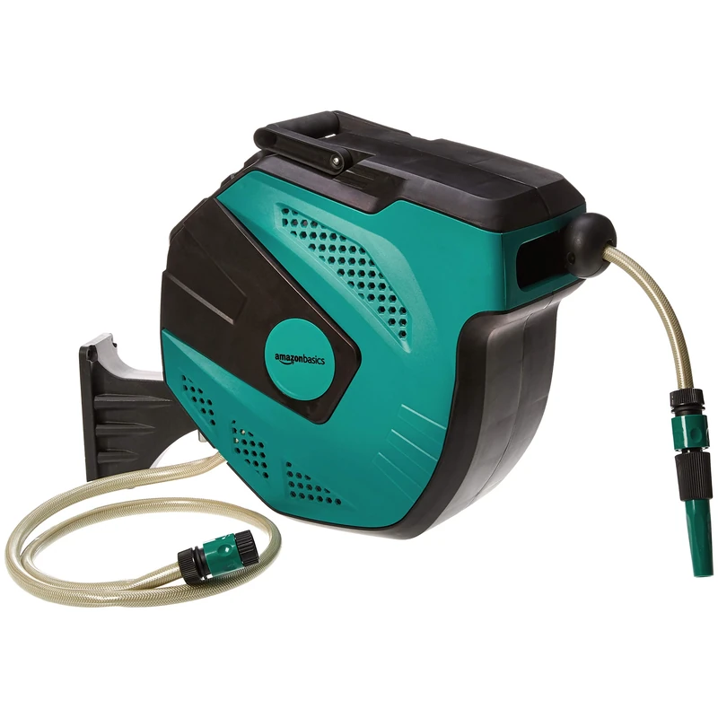 Amazon Basics Auto-Rewindable Hozelock Wall-Mounted Hose Reel, 15 m, Black Green