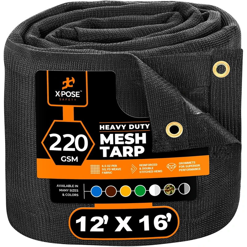 Xpose Safety Heavy Duty Mesh Tarp – 12’ x 16’ Multipurpose Black Protective Cover with Air Flow - Use for Tie Downs, Shade, Fences, Canopies, Dump Trucks – Tear Resistant