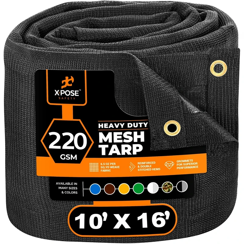 Xpose Safety Heavy Duty Mesh Tarp – 10’ x 16’ Multipurpose Black Protective Cover with Air Flow - Use for Tie Downs, Shade, Fences, Canopies, Dump Trucks – Tear Resistant