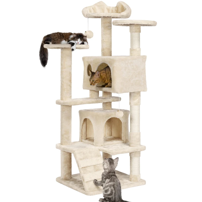Yaheetech 138.5cm Cat Tree Scratching Posts Cat Tower Activity Centre Climbing Tree House with Ladder for Indoor Kittens, Beige