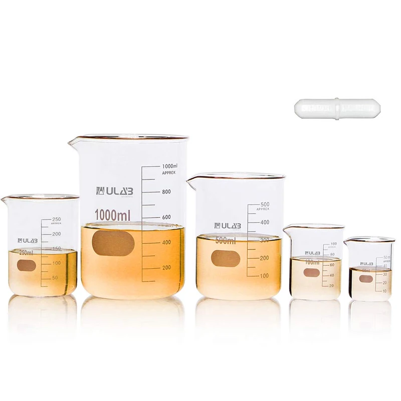 ULAB Scientific Glass Beaker Set with Magnetic Stir Bar Offered, 5 Sizes 50ml 100ml 250ml 500ml 1000ml, 3.3 Boro Griffin Low Form with Printed Graduation, UBG1002