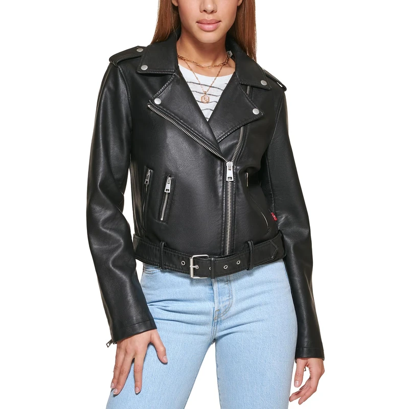 Levi's Women's Faux Leather Belted Motorcycle Jacket (Standard & Plus Sizes), Black, XS