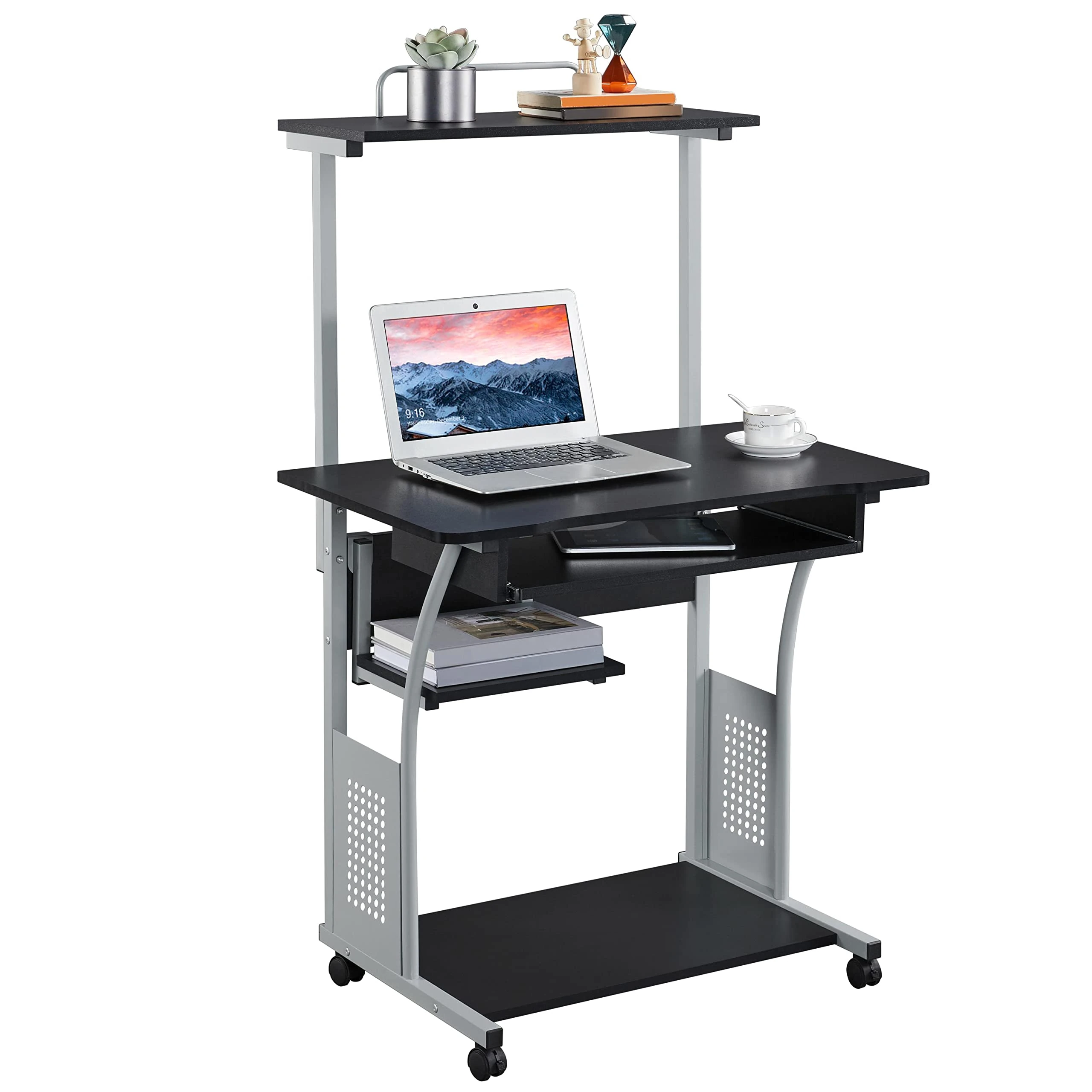 Yaheetech 3 Tier Computer Desk with Printer Shelf and Keyboard Tray, Home Office Desk Computer Workstation Rolling Study Desk PC Laptop Table for Small Spaces Black