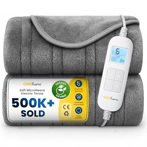 Cosi Home® Luxury Heated Throw - Electric Blanket - Extra Large Heated Blanket, Machine Washable Fleece with Digital Remote, 10hr Timer and 10 Heat Settings (Grey)