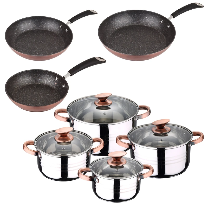 San Ignacio Moma Battery 8 Pieces Set of 3 Sip Kitchen Pans, Chrome