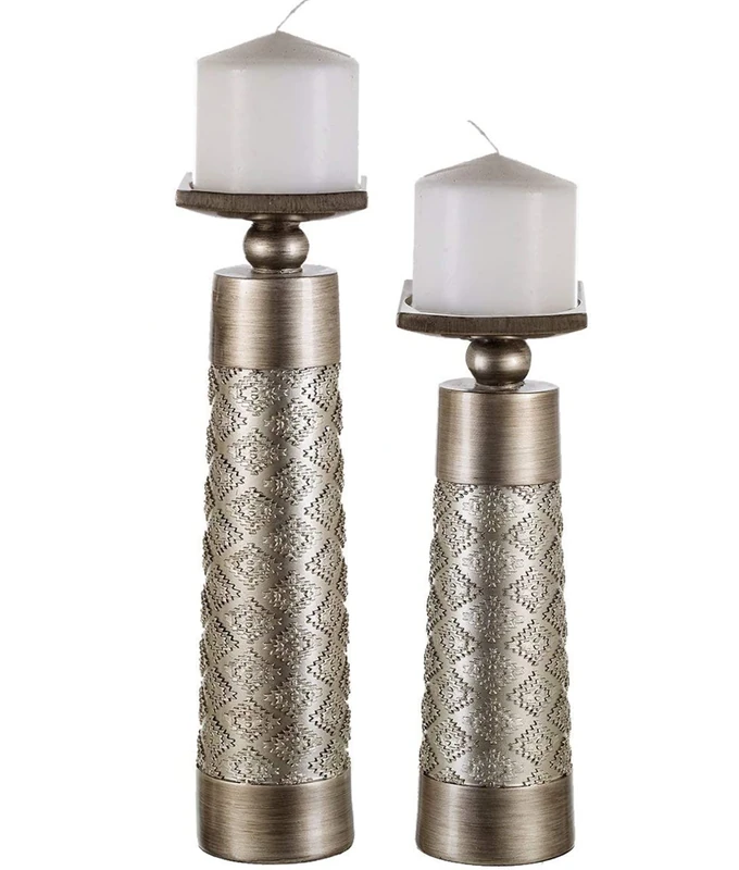 Dublin Decorative Candle Holder Set of 2 - Home Decor Pillar Candle Stand, Coffee Table Mantle Decor centerpieces for Fireplace, Living or Dining Room Table, Gift Boxed (Brushed Silver)