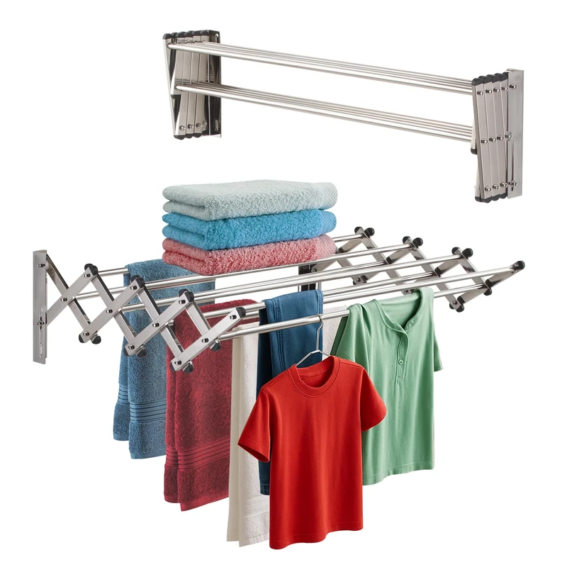 Stainless Steel Wall Mount Laundry Drying Rack: Retractable Fold Away Clothes Dry Racks, Easy to Install Design - 22.5 Linear Ft, 60 lb Capacity, Extended Size: 34" X 24" X 8.5"