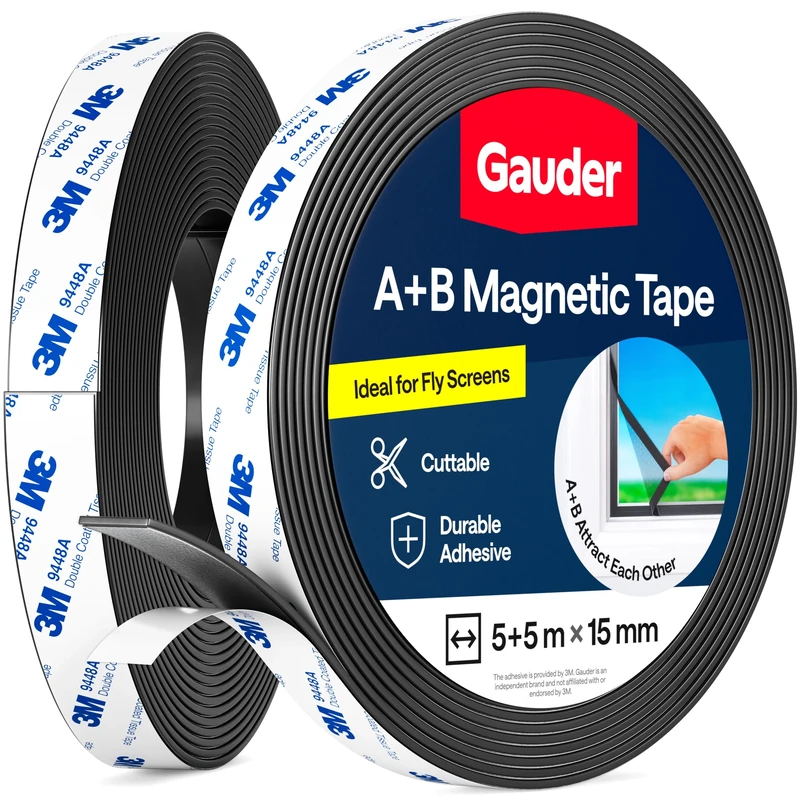 GAUDER A+B Magnetic Tape for Fly Screens & Mosquito Nets - Self-Adhesive Magnetic Strips with Strong Mutual Attraction - Magnet Tape with Counterpart & Strong Adhesive (5+5 m)